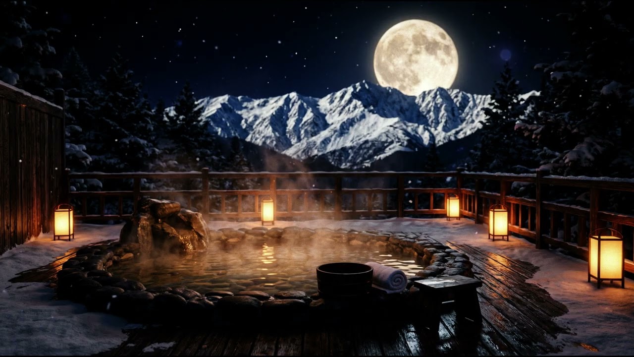 Winter Onsen Terrace for Deep Sleep – Moonlit Outdoor Bath & Gentle Winter Silence