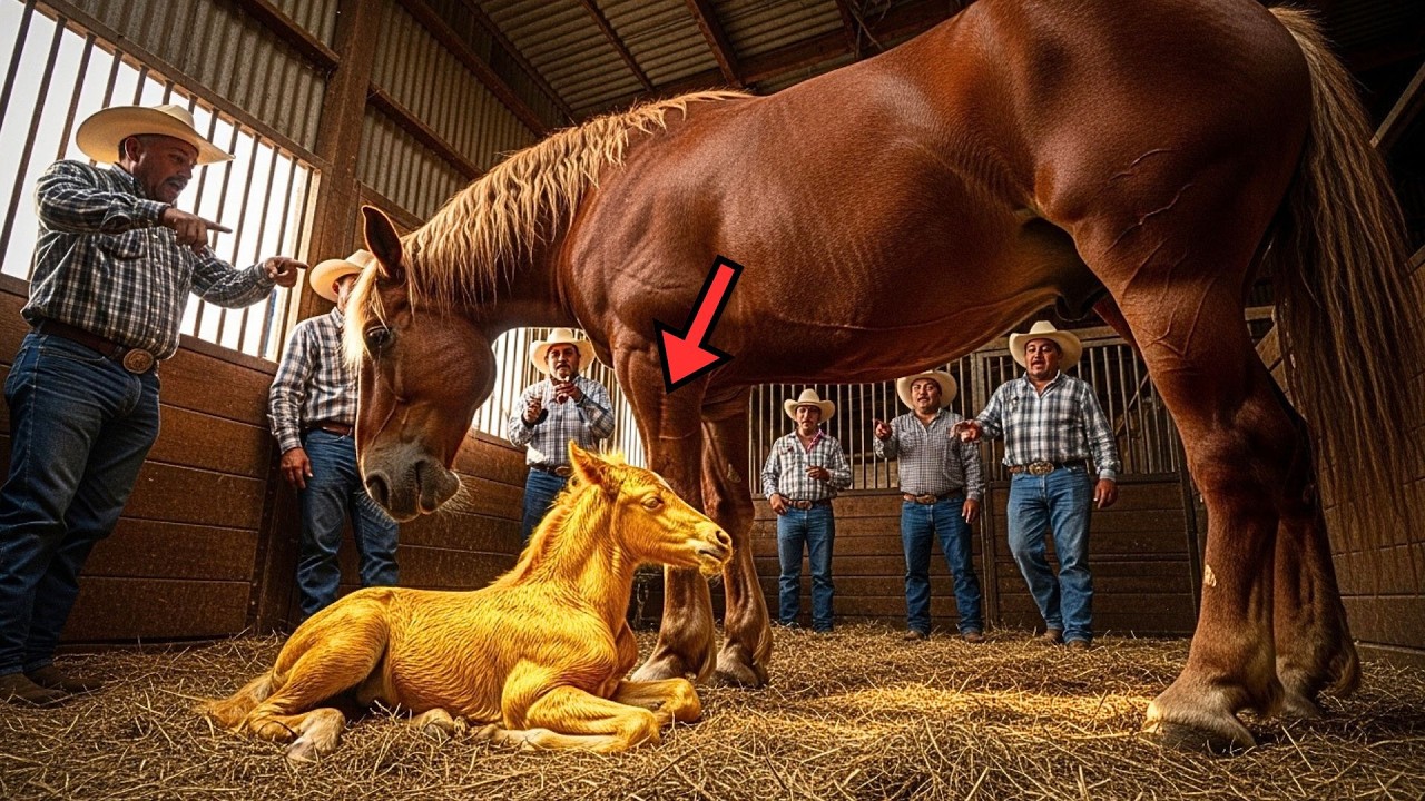 GRANJEROS ESPERAN CRÍA MARRÓN... YEGUA GIGANTE DA A LUZ POTRO DORADO QUE PARECE BRILLAR