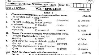 TN 7th Std Term 3, English question paper 2026,, Original question paper,