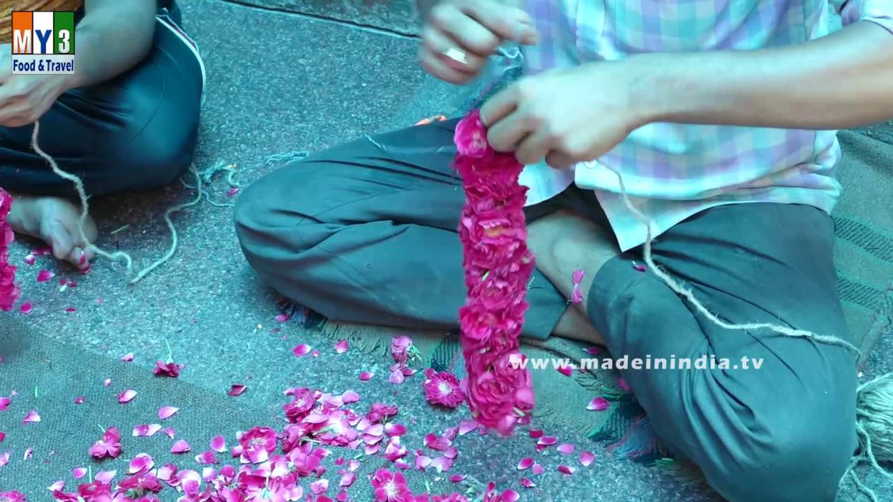 Garland Maker Making Rose Garland How to string roses Indian method