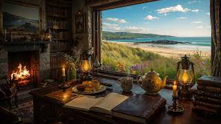 Cozy Scottish Coastal Library: Sunny Morning ☀️, Ocean Waves & Crackling Fire | Cottagecore Ambience screenshot 5