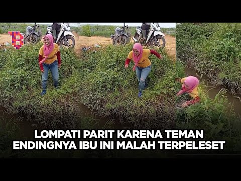 Awalnya ibu ini takut lompati parit tapi diyakinkan teman-temannya, endingnya bikin ngakak |TRENDING