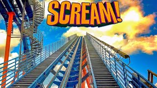 SCREAM! Floorless Roller Coaster - Front Row 4K POV - Six Flags Magic Mountain