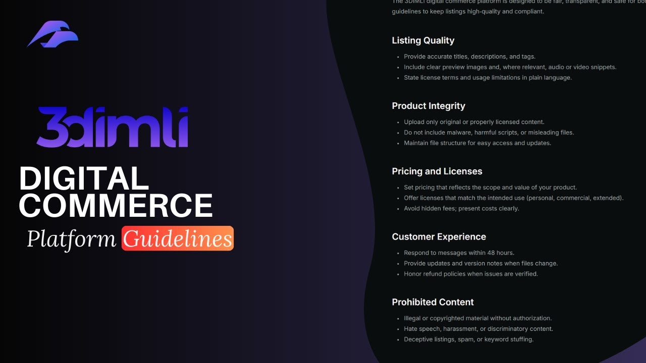 3DIMLI Digital Commerce Guidelines | Product Listing Rules & Best Practices for Digital Creators