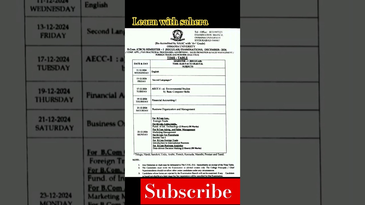 Osmania university degree 1st semester examinations time table released/O.U/ 1 semester exams