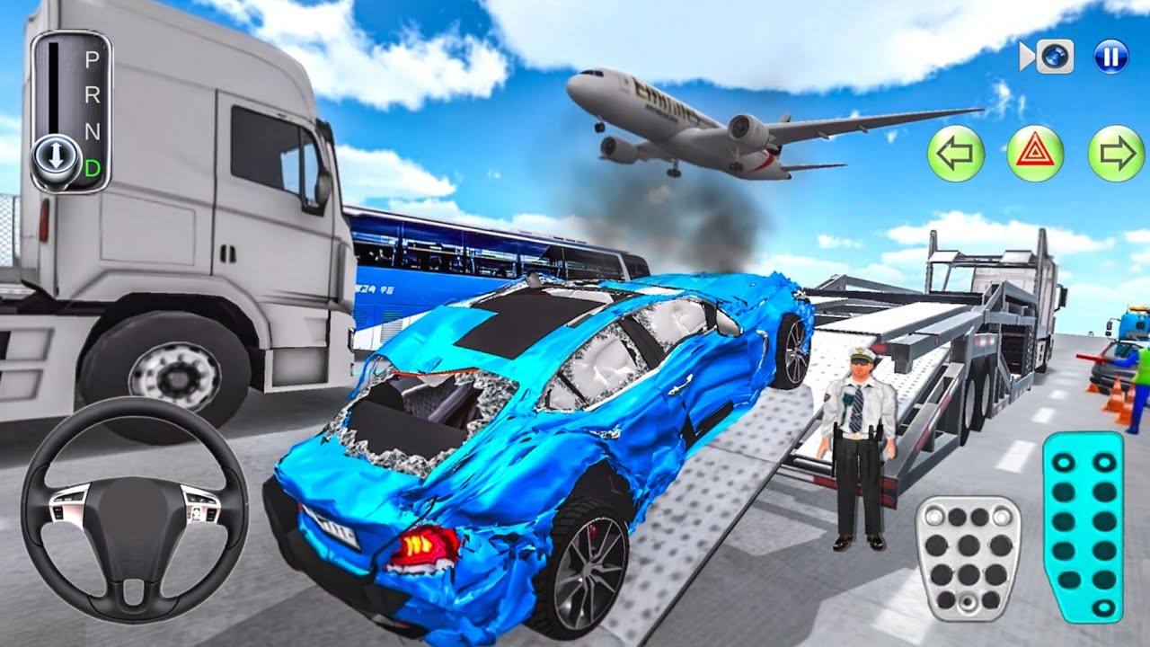 Crashed Blue Car Transporter Truck to Auto Repair Shop - 3D Driving Class 2025 - Android Game Car