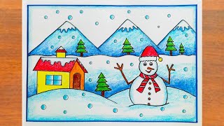 Winter Season Drawing Easy Steps / How to Draw Winter Season Scenery Easy Steps / Christmas Drawing