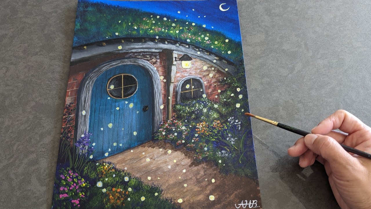 Fireflies painting / Moon night cottage / how to paint fairy lights ...