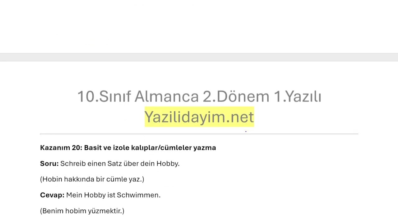 10.Sınıf Almanca 2.Dönem 1.Yazılı
