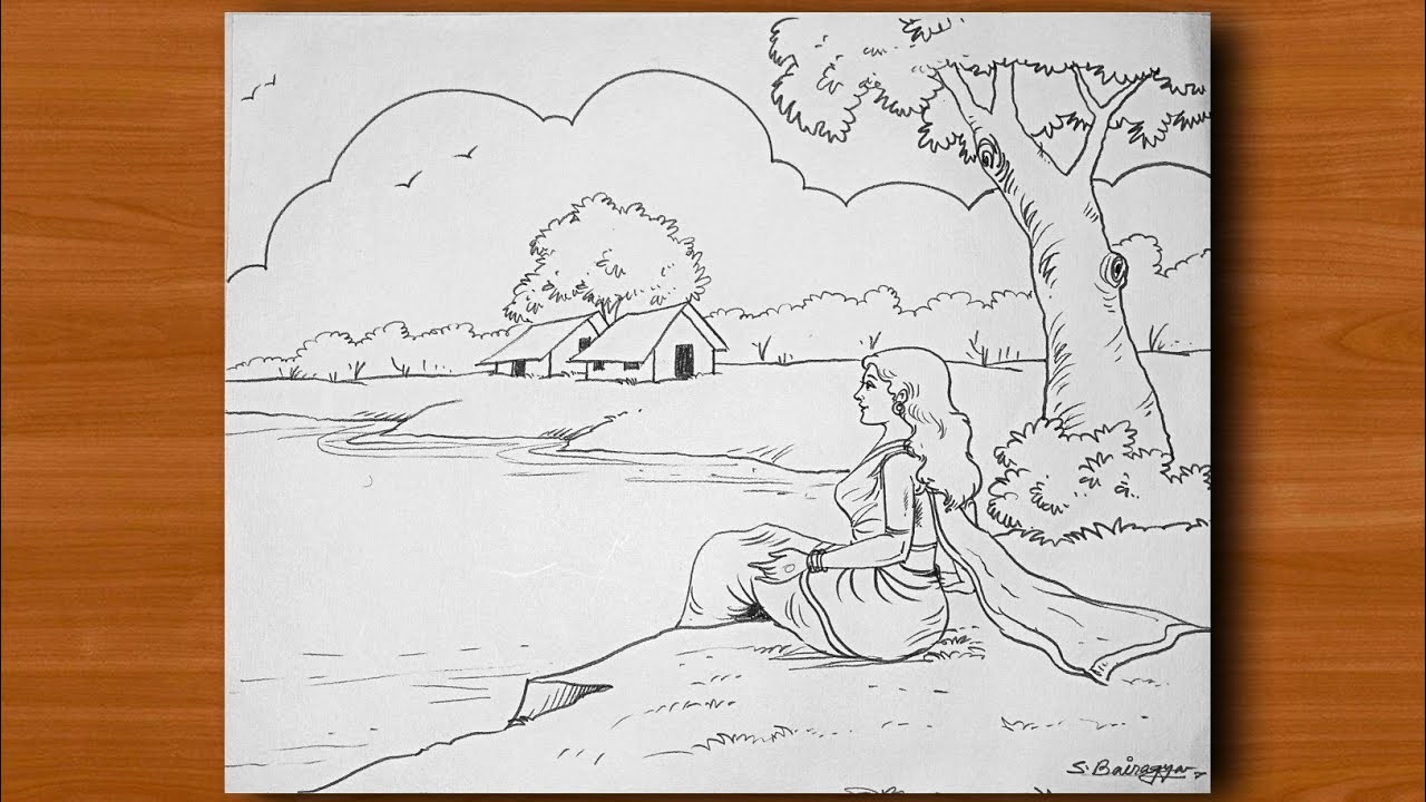 Easy Village Scenery Drawing with Woman Figure 🏞️🌄