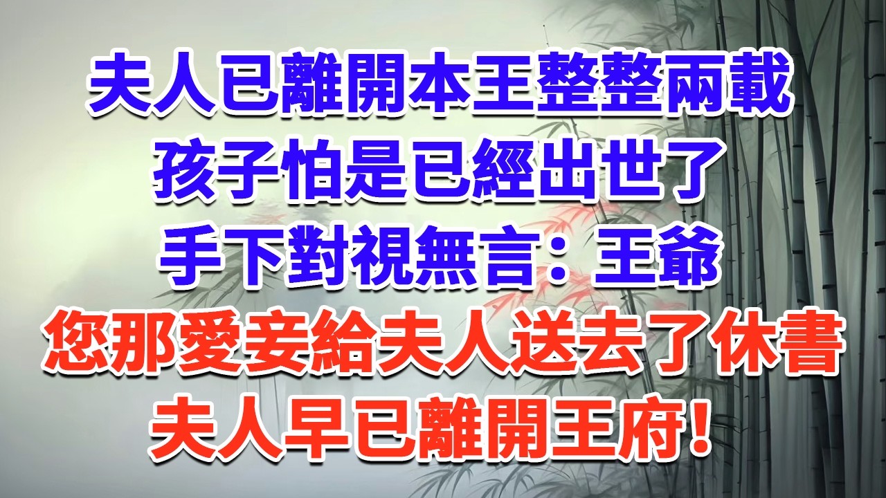 夫人已離開本王整整兩載，孩子怕是已經出世了，手下對視無言：王爺，您那愛妾給夫人送去了休書，夫人早已離開王府！#一口气看完 #完结爽文#宫墙往事#古言#大女主#甜宠#宫斗