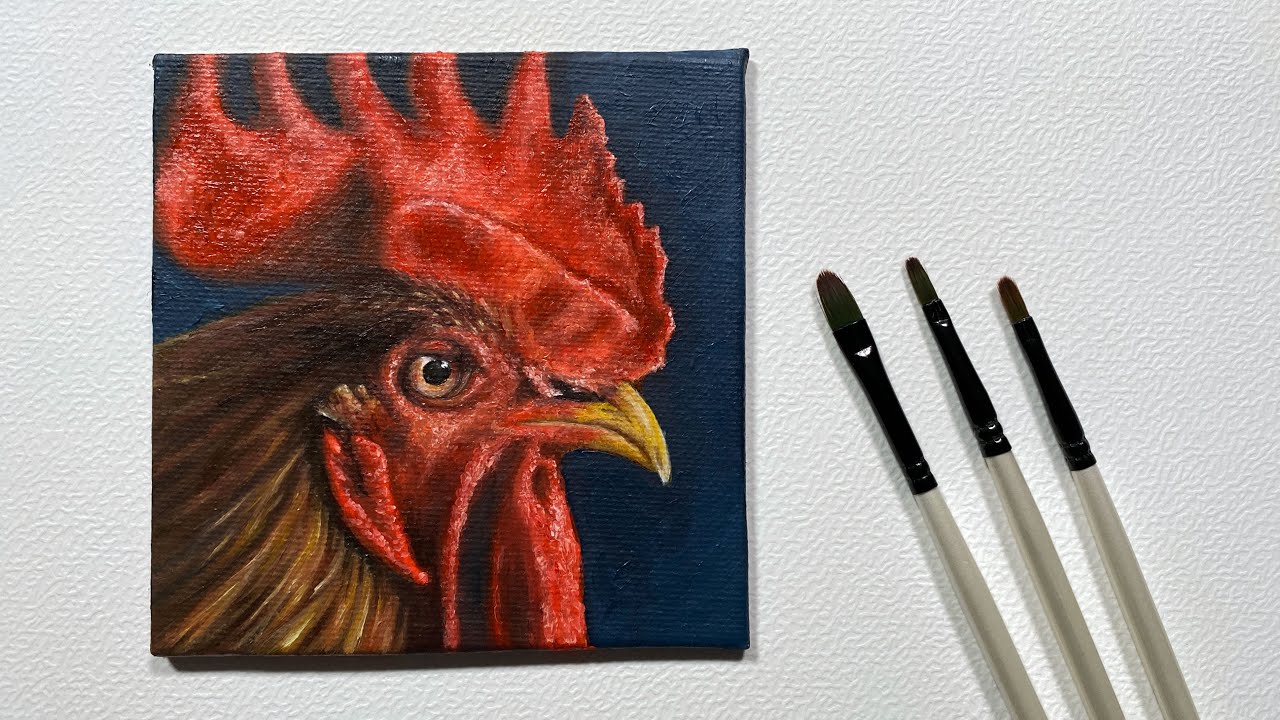 Oil Painting on a Mini Canvas. Portrait of a Rooster.