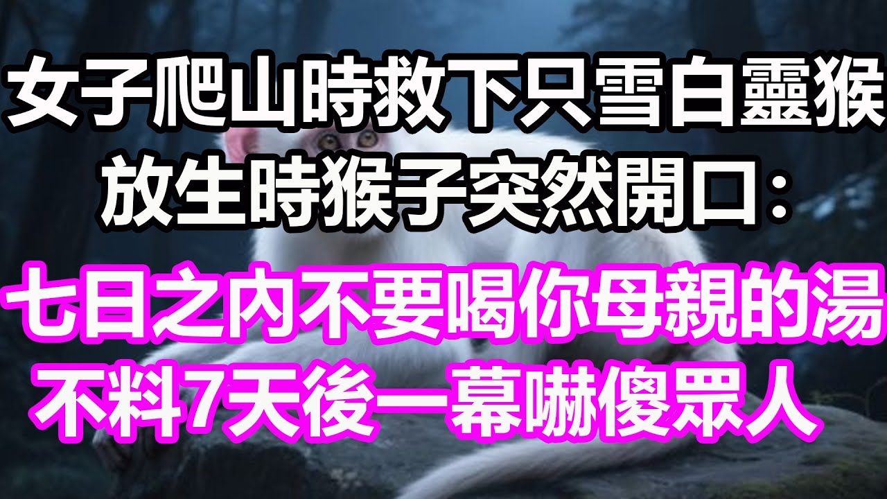 女子爬山時救下只雪白靈猴，放生時猴子突然開口：七日之內，不要喝你母親的湯！不料7天後一幕嚇傻眾人，竟然...#淺談人生#民間故事#孝顺#儿女#讀書#養生#深夜淺讀#情感故事#房产#晚年哲理#中老年心語