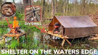 Solo Overnight Building an Elevated Shelter On The Waters Edge and Bacon Wild Onion Morel Ribeye