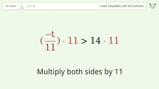 t/(-11)-5 greater than 9 - Solve linear inequalities with one unknown