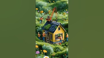 Hyper-realistic macro shot of tiny workers building a cozy cottage in a lush green meadow