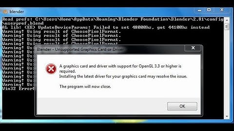 Blender Error resolved A graphics card and driver with support for openGL 3.3 or higher is required.