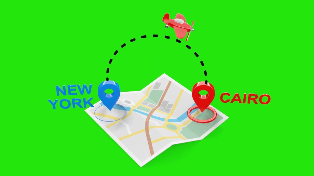 New York to cairo 3D Flight Animation with Airplane, Map, and Green Screen