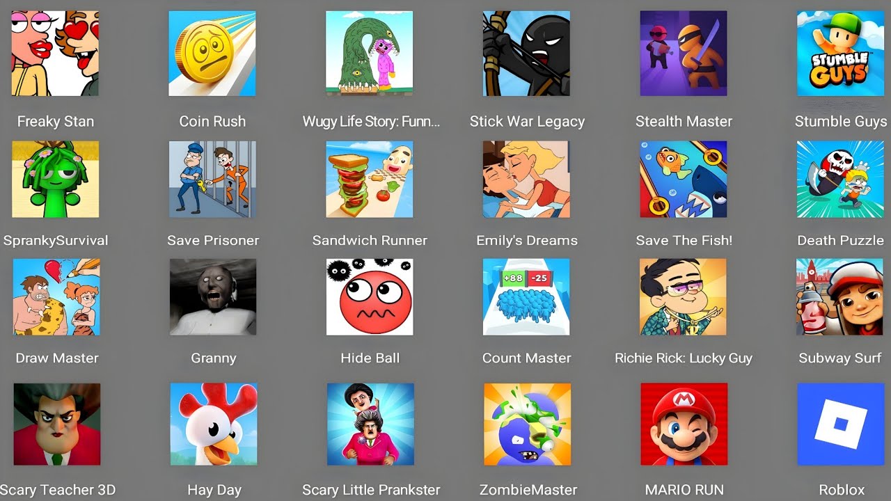 Minecraft,Bowmasters,Zombies Tsunami,Roblox,Mario Run,Zombie Master,Hay Day,Coin Rush,Fishdom 