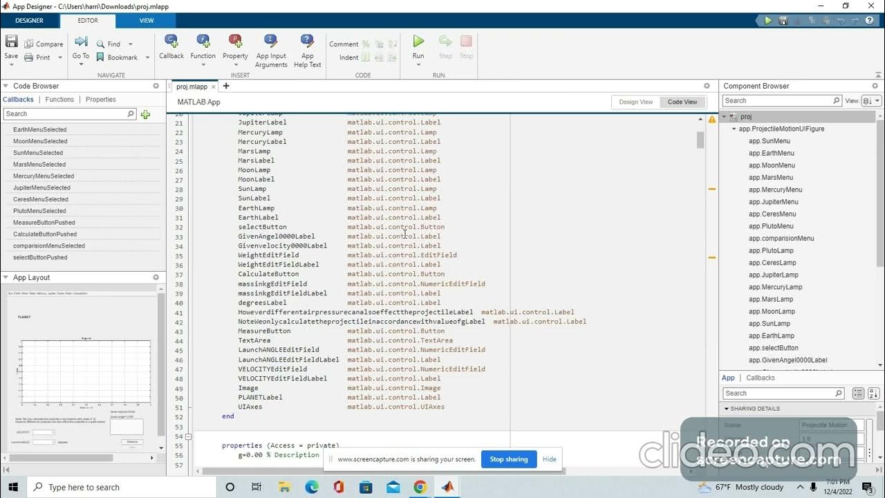 Projectile Motion app in Matlab YouTube