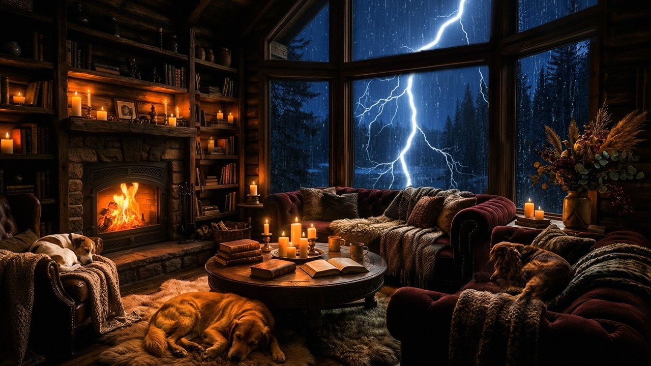10 ЧАСОВ Сильная гроза и молнии ⛈️ Уютный домик, потрескивающий камин, свечи и питомцы спят🏠