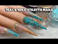 Teal and gold xl stiletto acrylic nails tutorial