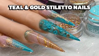 ✨🩵TEAL AND GOLD XL STILETTO ACRYLIC NAILS TUTORIAL🩵✨