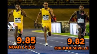 Racer Grand Prix 2024 Men's 100M  Oblique Seville 9.82 beat Noah Lyles 9.85 (World Leading Time)