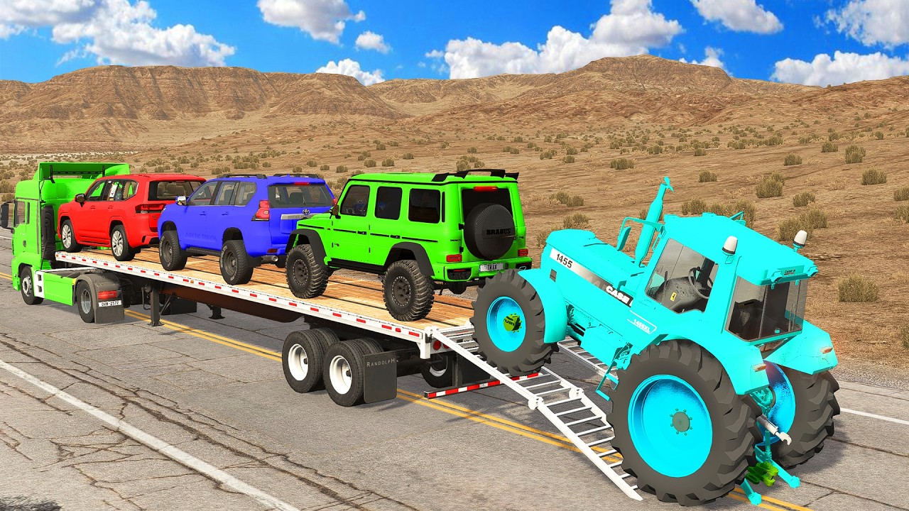Flatbed Trailer McQueen Transportation with Truck - Speedbumps vs Cars vs Train - BeamNG.Drive #001