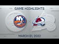 NHL Highlights | Islanders vs. Avalanche - Mar. 1, 2022