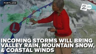Several storms will take aim at the Pacific Northwest bringing rain, snow, and wind to the region