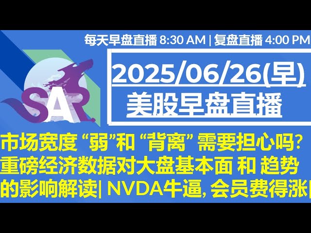 美股直播06/26[早盘] 市场宽度 “弱”和 “背离” 需要担心吗? 重磅经济数据对大盘基本面 和 趋势的影响解读| NVDA牛逼, 会员费得涨|