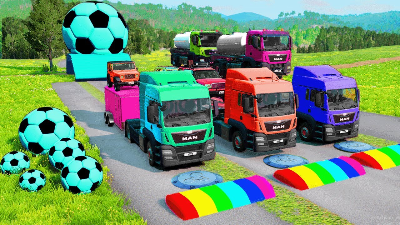 Flatbed Trailer McQueen Transportation with Truck - Speedbumps vs Cars vs Train - BeamNG.Drive 