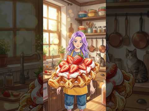 Cozy animated cooking adventures around the world Korea’s CRISPIEST Strawberry Cream Croffle #Shorts by Humming Kitchen