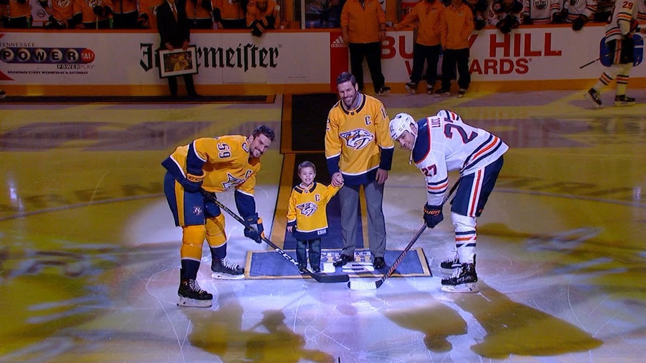 Mike Fisher and Carrie Underwood's 3-year-old son steals show at ceremonial  puck drop 
