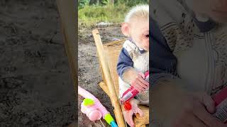 Baby monkey goes fishing  #animalshome #funny #obi #monkey #cute #babymonkey #animallife #animals