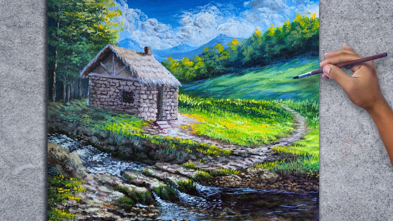 Acrylic Landscape Painting Tutorial Timelapse / Old Stone House with River / Fine Art