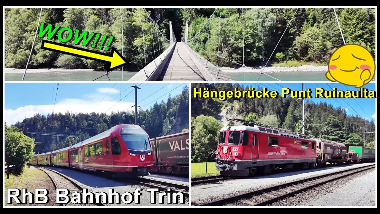 Wunderschöner RhB Bahnhof Trin mit Bahnübergang und Hängebrücke Punt Ruinaulta