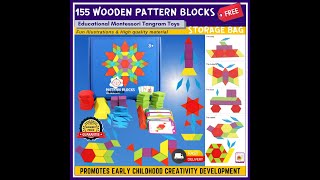 155 Pcs Wooden Tangram Geometric Shape Pattern Blocks IQ Puzzle Early Learning Education Kids Toys