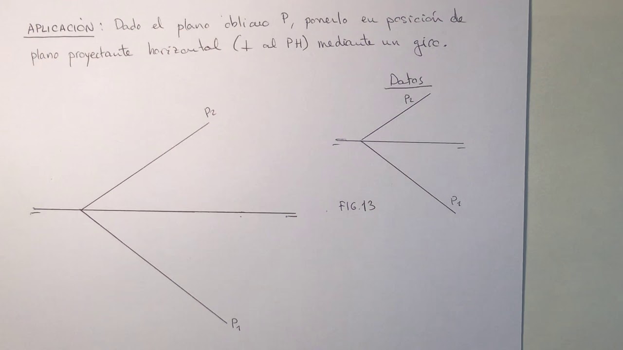 Aplicación: Convertir un plano oblicuo en proyectante horizontal mediante un giro. Fig. 13