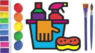 Cleaning Materials Drawing And Coloring - Gloves, Sponge, Gl Cleaner, Detergent Draw And Color