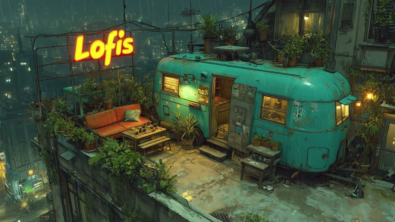 Cyber Terrace Storm ⛈️ Neon Rain Atmosphere | Cyberpunk Lofi Rain Music