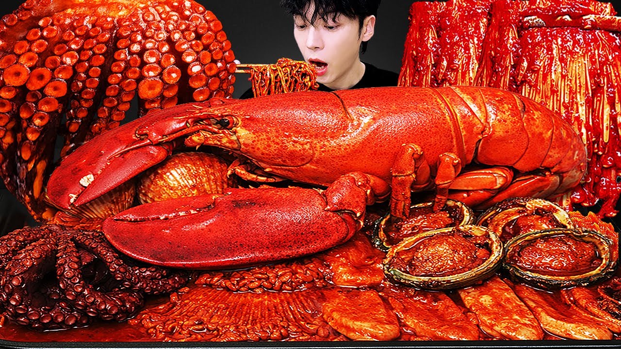 ASMR MUKBANG | Домашние морепродукты гигантский лобстер (Осьминог,острая лапша,грибы,кальмар,рецепт)