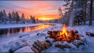 Peaceful Winter Campfire by the River 🔥 Snowy Forest Ambience (1 Hour Relaxing Sounds)