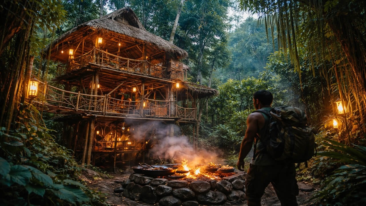 🎥 Sky Palace! 😱 High Bamboo House & Jungle Feast 🎋🔥