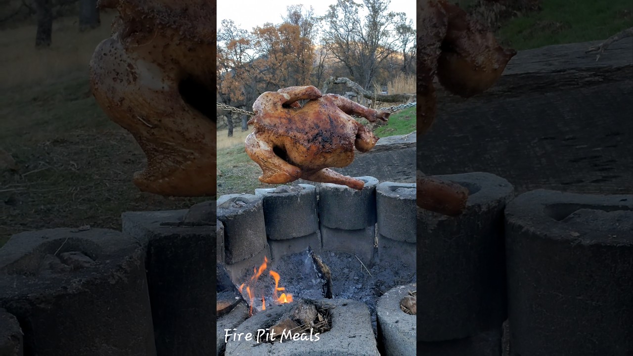 🦃 Slow roasting turkey over the pit. 🍗🔥🔥 