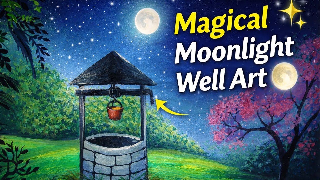 Magical Moonlight Well Painting 🌕 | Easy Village Scenery Acrylic Art