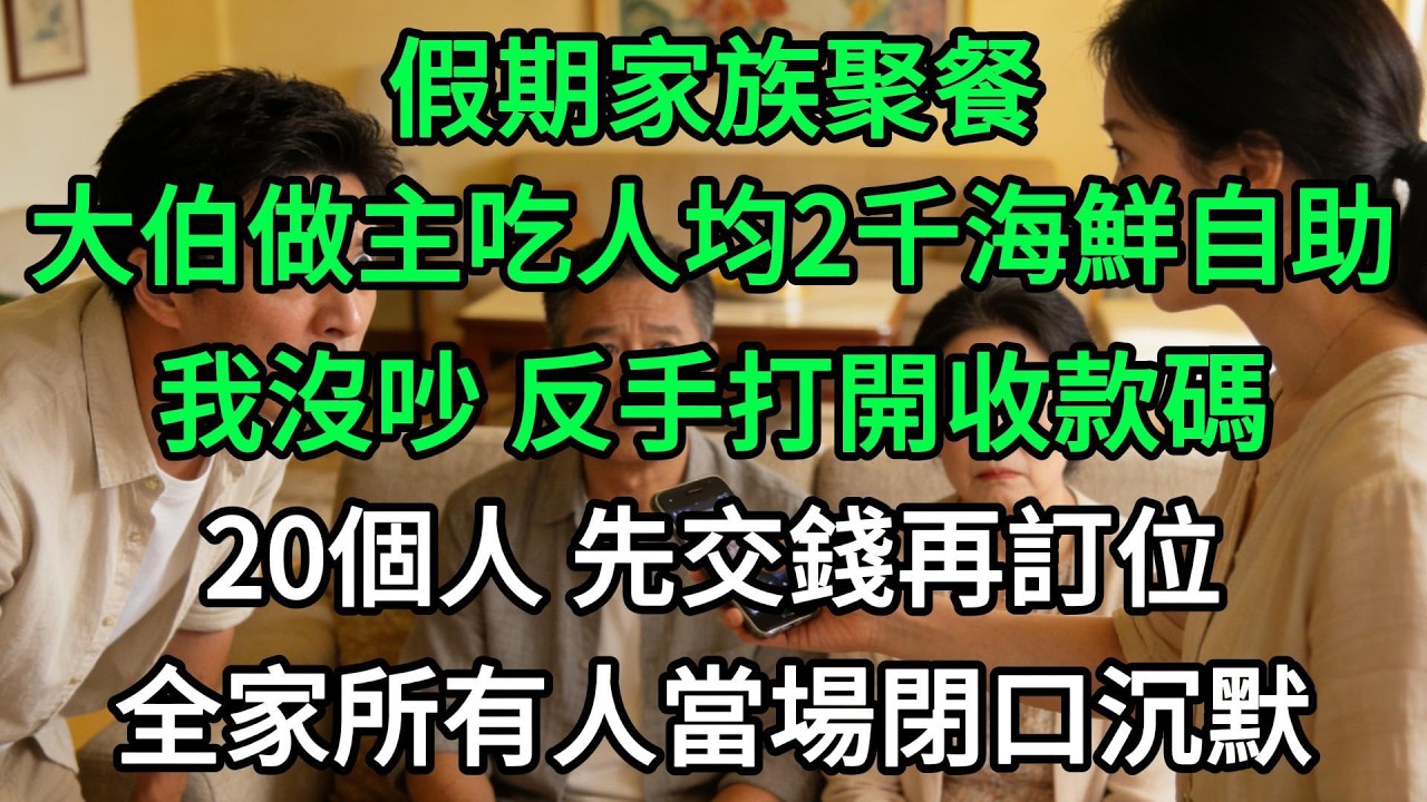 假期家族聚餐，大伯做主吃人均2千海鮮自助，我沒吵 反手打開收款碼，20個人 先交錢再訂位，全家所有人當場閉口沉默#生活經驗#家庭情感