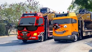 Wow Ada Truk Towing Muat Eskavator Horor, Truk Chris monster, Truk Frank Mirip Teman Tayo Berkumis
