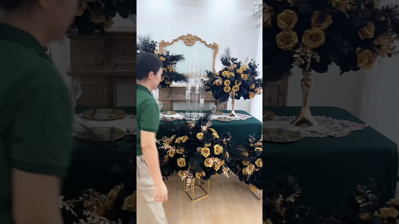 Angela Flower 70cm Gold Black Rose Feather Flower Ball Table Centerpieces  